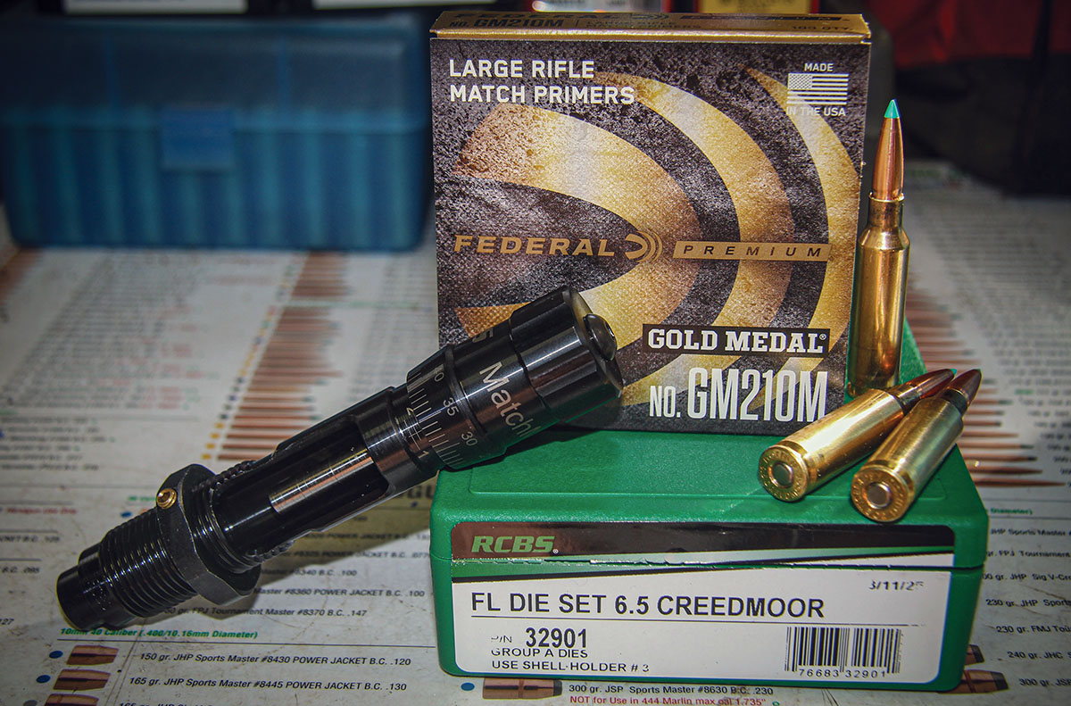 Components used to assemble 6.5 Creedmoor loads to test the Tikka T3x Ace Game included RCBS Group A full length dies, an RCBS MatchMaster seating die, Federal Premium Gold Metal GM210M large rifle primers and once-fired Norma brass.